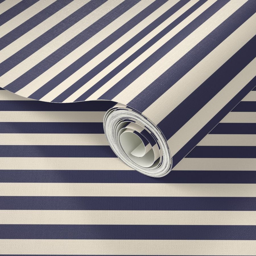 Small scale / Dark navy blue ½ inch horizontal awning stripes on cream / fun cute vibrant vintage 60s geometric lines in cool rich deep midnight indigo black and off white light beige ivory / moody classic retro cabana