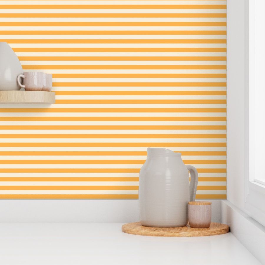 Small scale / Bright mustard yellow ½ inch horizontal awning stripes on cream / fun cute vibrant vintage 60s geometric lines in hot rich goldenrod and off white light beige ivory / sunny boho classic retro sunflower cabana