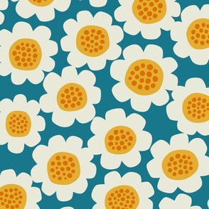 retro bold flowers - teal blue, mustard yellow (large scale)
