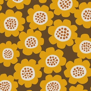 retro bold flowers - mustard yellow, brown (large scale)