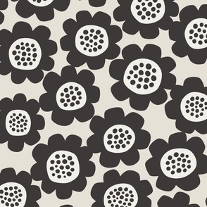 retro bold flowers - black and white (large scale)
