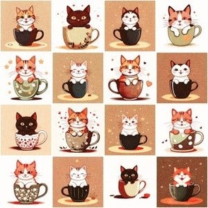 6'' Cat in a Teacup Illustration Pattern | Cat Art | Stylized Illustration | Reddish  White Background