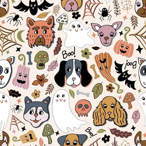 Cute Halloween Dogs tossed with pumpkins, spiders, webs, leaves and florals for quilting and kids