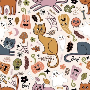 Cute Halloween Cats tossed with pumpkins, spiders, webs, leaves and florals for quilting and kids