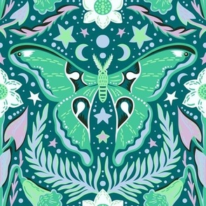 M - Whimsical moth butterfly with flowers and stars Green - MEDIUM scale