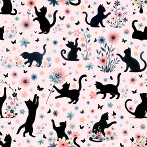 Black Cats in a Spring Meadow Pink