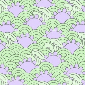 Little sunset and waves groovy retro surf theme nineties inspired lilac purple mint green neon