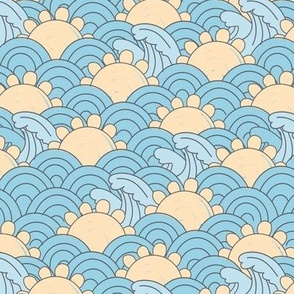 Little sunset and waves groovy retro surf theme nineties inspired pastel yellow blue