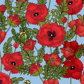 Red Poppy Field (Soft Blue large scale)