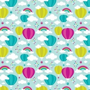 Hot air balloon and rainbows with clouds and hearts colorful kids design  lime teal pink