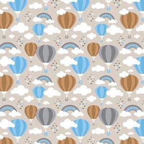 Hot air balloon and rainbows with clouds and hearts colorful kids design blue caramel beige gray boys palette