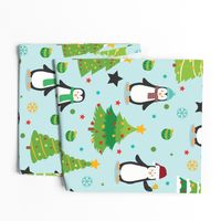 Christmas Penguins and Trees on Blue for kids BIG