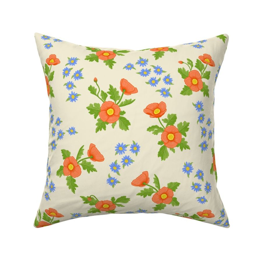 Playful Poppy and Blue Daisy Floral, Med, Apricot Orange and Periwinkle Blue  Flowers, Yellow Green Leaves, Ecru Cream Background