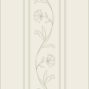 Floral Vine Border Stripe - Creamy White, Light Sage Green - Simple Classic Vertical