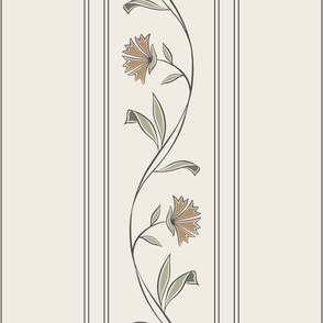 Floral Vine Border Stripe - Creamy White, Light Sage Green, Limed Ash,Lion Gold, Purple Brown - Simple Classic Vertical