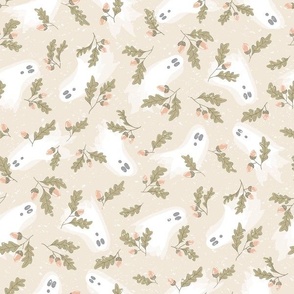(Small) Cute Halloween Ghosts in Autumn Leaves with Texture - Natural Linen Off-White With Muted Green and Pink