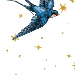 Largest hand drawn Blue Swallow Bird with Yellow Magical Stars on White