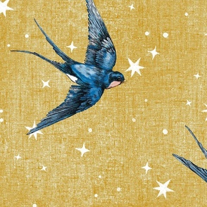 Largest hand painted whimsical swallow birds on magical yellow with stars