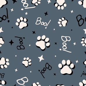 Cute Halloween Cat Paws tossed with Boo! and stars in dark gray for quilting and kids
