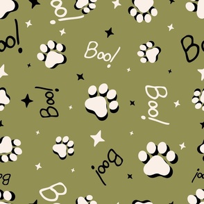Cute Halloween Cat Paws tossed with Boo! and stars in olive green for quilting and kids