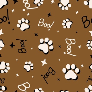 Cute Halloween Cat Paws tossed with Boo! and stars in chocolate brown for quilting and kids