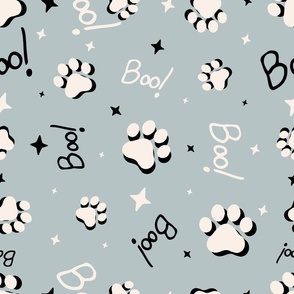 Cute Halloween Cat Paws tossed with Boo! and stars in light blue for quilting and kids