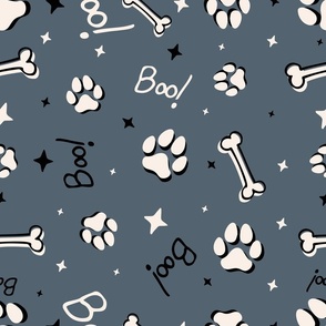 Cute Halloween Dog Paws tossed with Boo! and stars in dark gray for quilting and kids