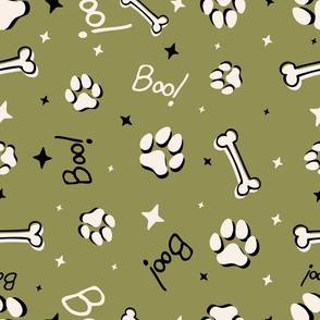 Cute Halloween Dog Paws tossed with Boo! and stars in olive green for quilting and kids