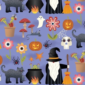 Cottagecore Halloween Ghosts Pumpkins and Witchy Gnomes on Purple Extra Large Scale