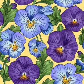 Bigger Pansy Garden Perwinkle Blue Purple And Gold On Yellow