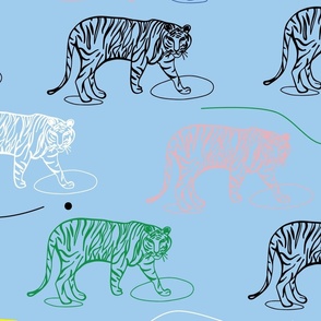 (L) - Tiger trek - modern colorful jungle tigers for wallpaper and fabric - light blue/pastel blue