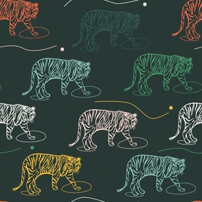 (L) - Tiger trek - modern colorful jungle tigers for wallpaper and fabric - black