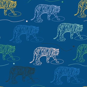 (L) - Tiger trek - modern colorful jungle tigers for wallpaper and fabric - blue