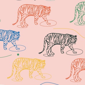 (L) - Tiger trek - modern colorful jungle tigers for wallpaper and fabric - pink