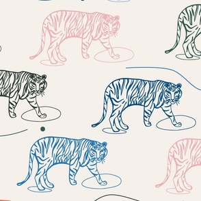 (L) - Tiger trek - modern colorful jungle tigers for wallpaper and fabric - off-white