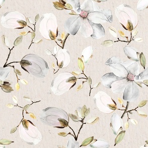 Large White Floral on Oatmeal Cream / White Flowers / Watercolor