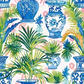 Palms in chinoiserie jars watercolor sketches