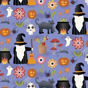 Cottagecore Halloween Ghosts Pumpkins and Witchy Gnomes on Purple Large Scale