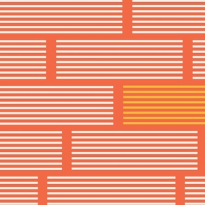(L) - modern white and yellow on red abstract geometric striped design