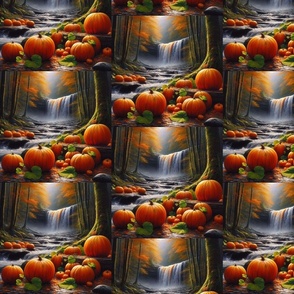 AI pumpkins near a waterfall