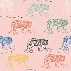(S) - Tiger trek - pastel pink colorful jungle tigers for kids bedroom, playrooms and baby and kids clothing 