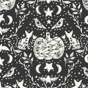 Cottage Halloween Black Cat Floral Damask Black