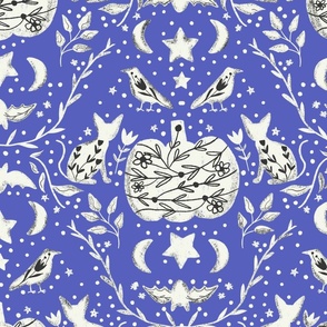 Cottage Halloween Black Cat Floral Damask Blue