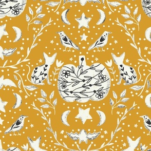 Cottage Halloween Black Cat Floral Damask Yellow