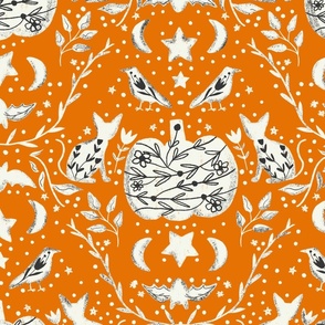 Cottage Halloween Black Cat Floral Damask Orange