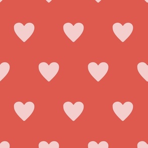 Light-soft-rose-pink-hearts-in-rows-on-bold-vintage-coral-red-XL-jumbo