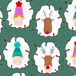 Holly Jolly Happy Holiday Elf and Reindeer Portraits on Forest Green