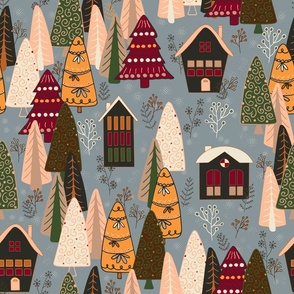 Funny Christmas forest and houses in saffron orange, green, brown, peach fuzz on smokey blue background