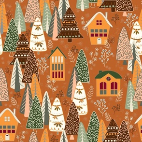 Funny Christmas forest and houses in saffron orange, green, brown, rosemary green on burnt orange background