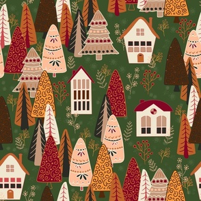 Funny Christmas forest and houses in saffron orange, burnt orange, brown, cranberry red, mahogany brown, caramel taupe on dark green background